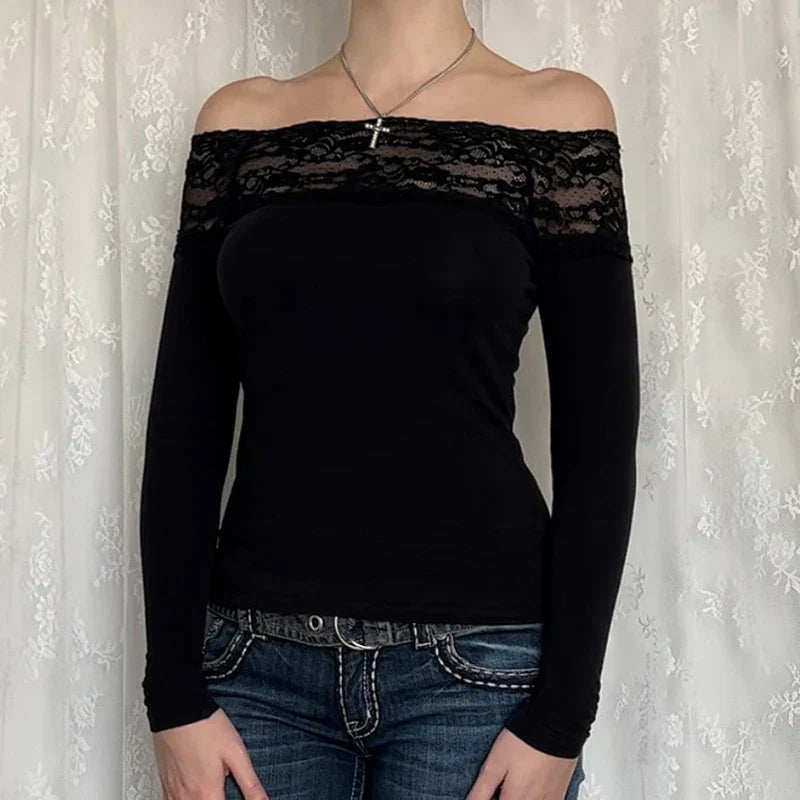 Black Lace Crop Top: Elegant Harajuku Y2K Long Sleeve Tee From Kawaii Stop