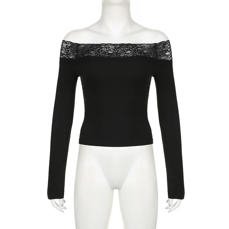 Black Lace Crop Top: Elegant Harajuku Y2K Long Sleeve Tee From Kawaii Stop
