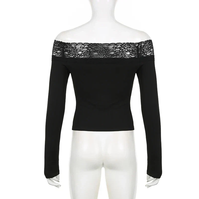 Black Lace Crop Top: Elegant Harajuku Y2K Long Sleeve Tee From Kawaii Stop