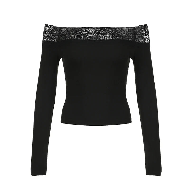Black Lace Crop Top: Elegant Harajuku Y2K Long Sleeve Tee From Kawaii Stop