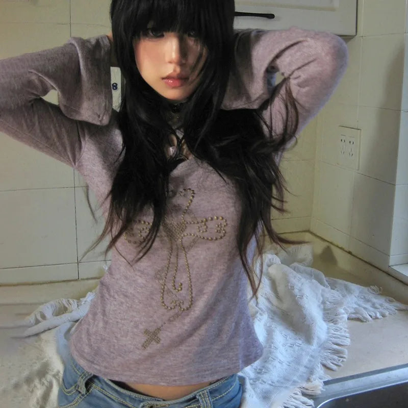 Embellished Cross Long Sleeve Tee – Spiritual Chic Top From Kawaii Stop