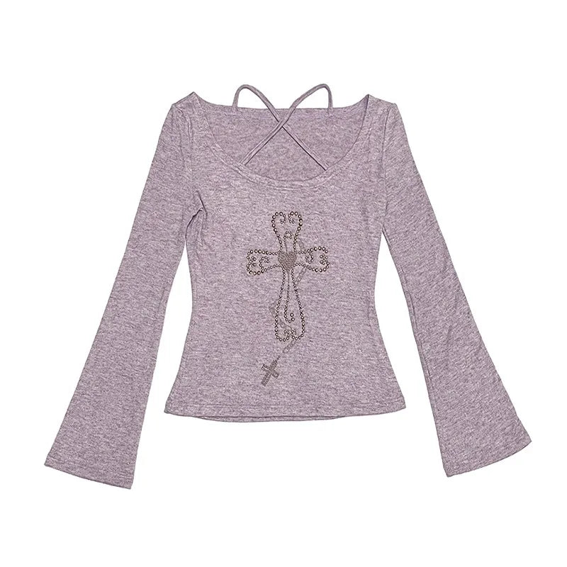 Embellished Cross Long Sleeve Tee – Spiritual Chic Top From Kawaii Stop
