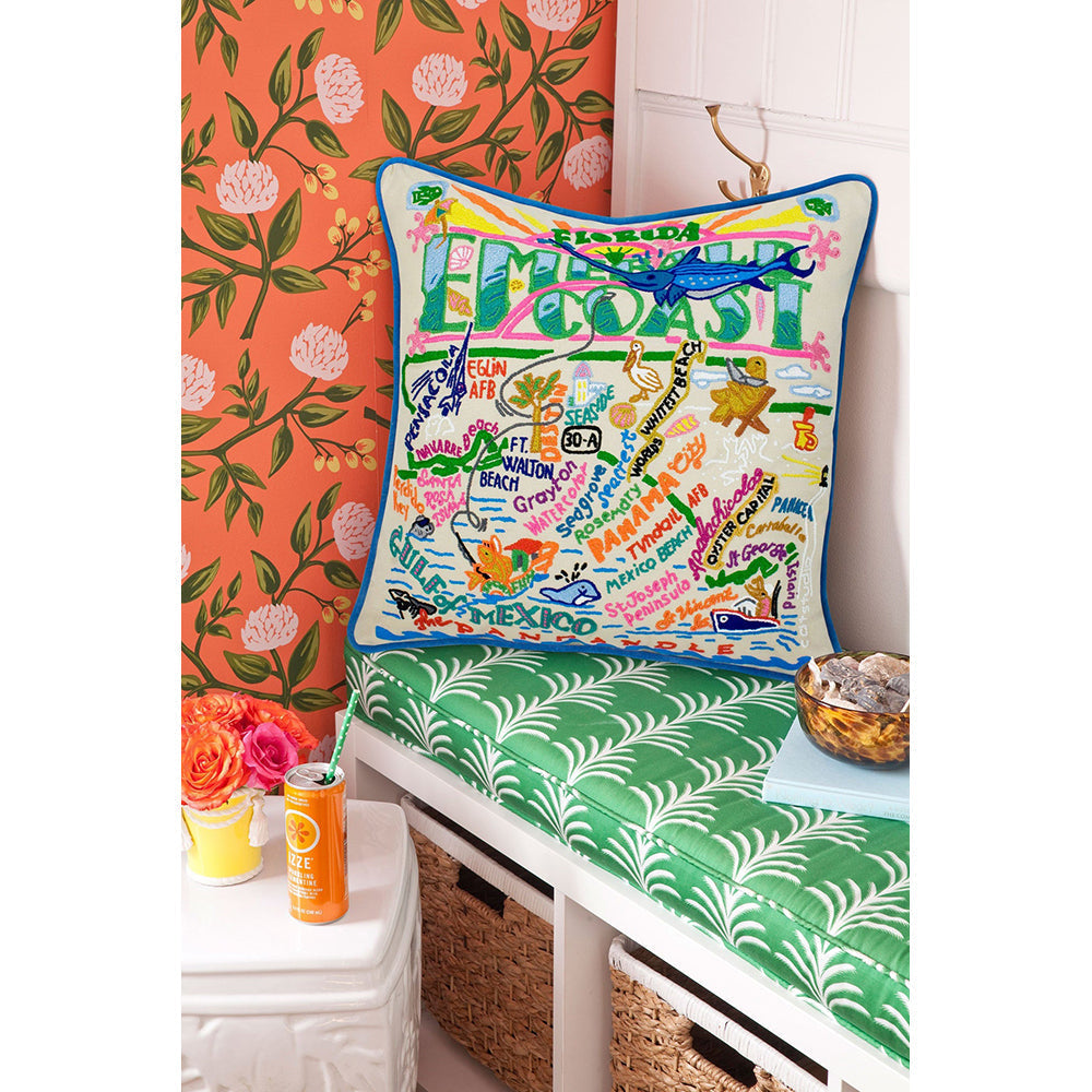 Emerald Coast Hand-Embroidered Pillow from Quirks!