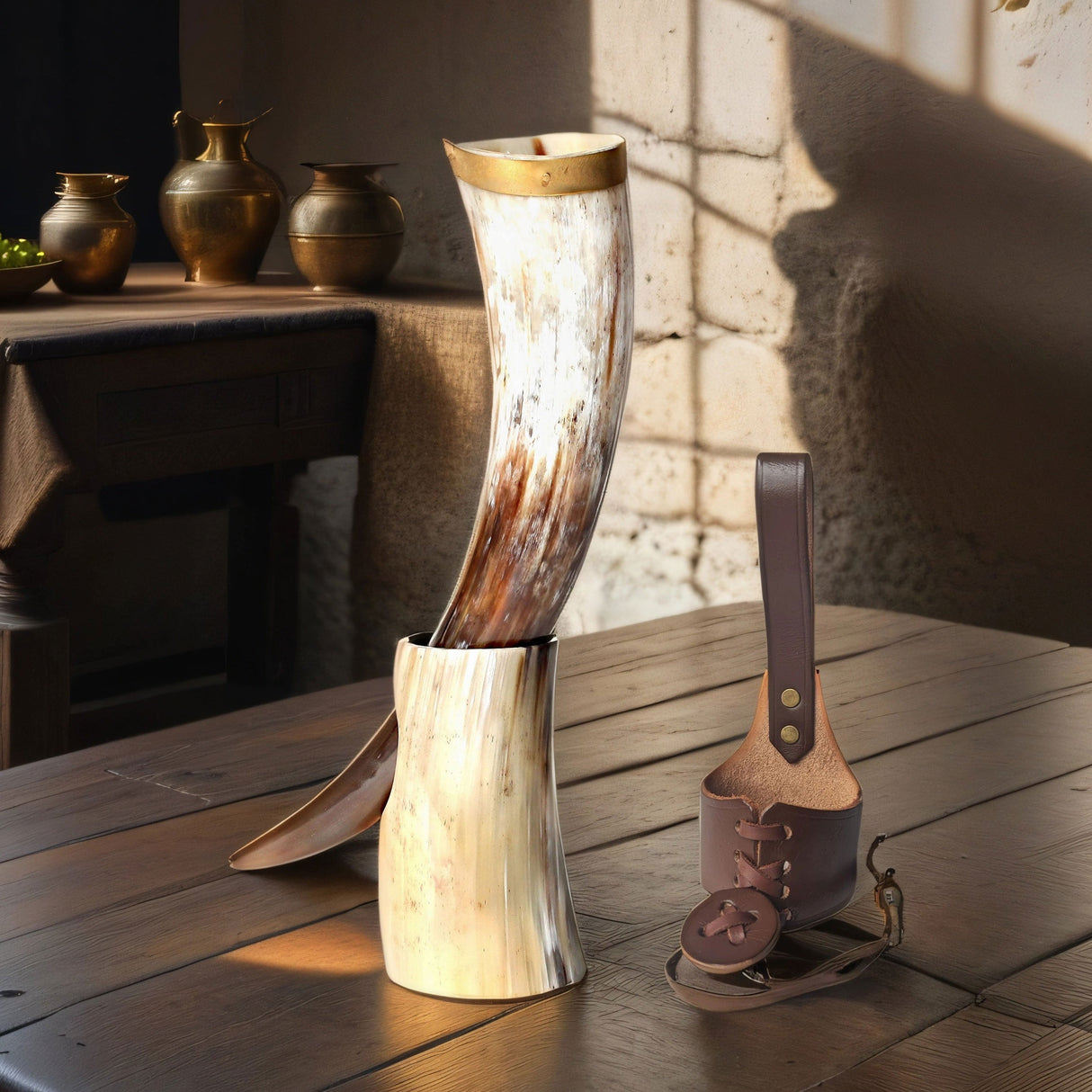 Curved Drinking Horn Bundle with Stand & Holster from Norse Tradesman