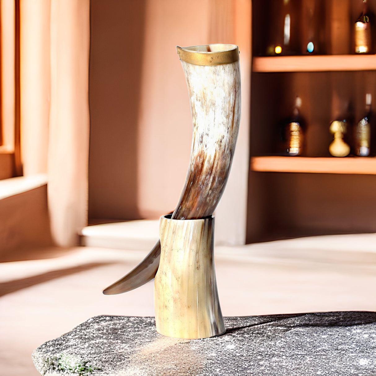 Curved Drinking Horn Bundle with Stand & Holster from Norse Tradesman