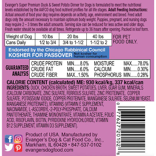 Evanger's Super Premium All Life Stages Duck & Sweet Potato, Limited Ingredient Wet Dog Can (12.5oz) from The Family Pet