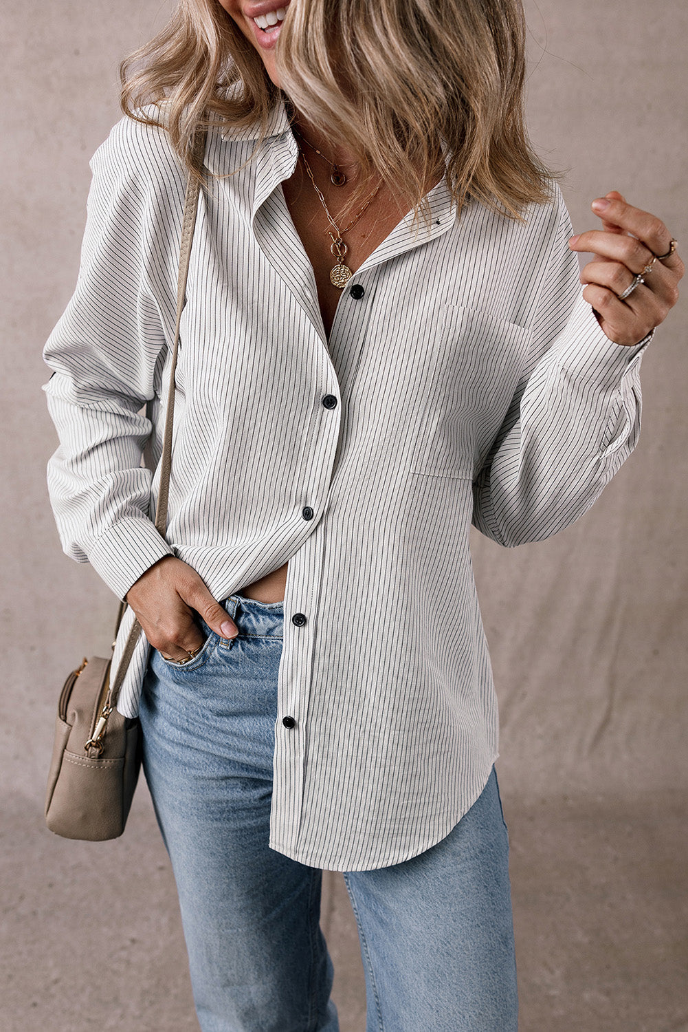 Black Stripe Roll-tab Sleeve Pocketed Long Shirt from MsDressly