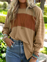 Beige Striped Bishop Sleeve Top with Colorblock Detail from MsDressly