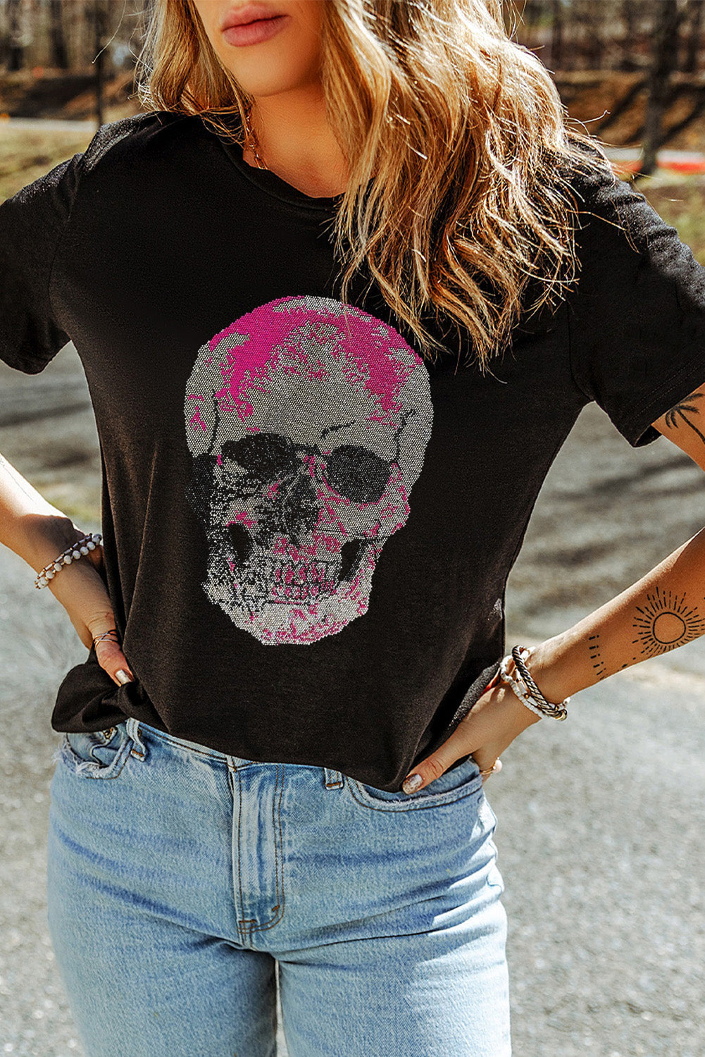 Black Rhinestone Skull Graphic Crewneck T Shirt from MsDressly