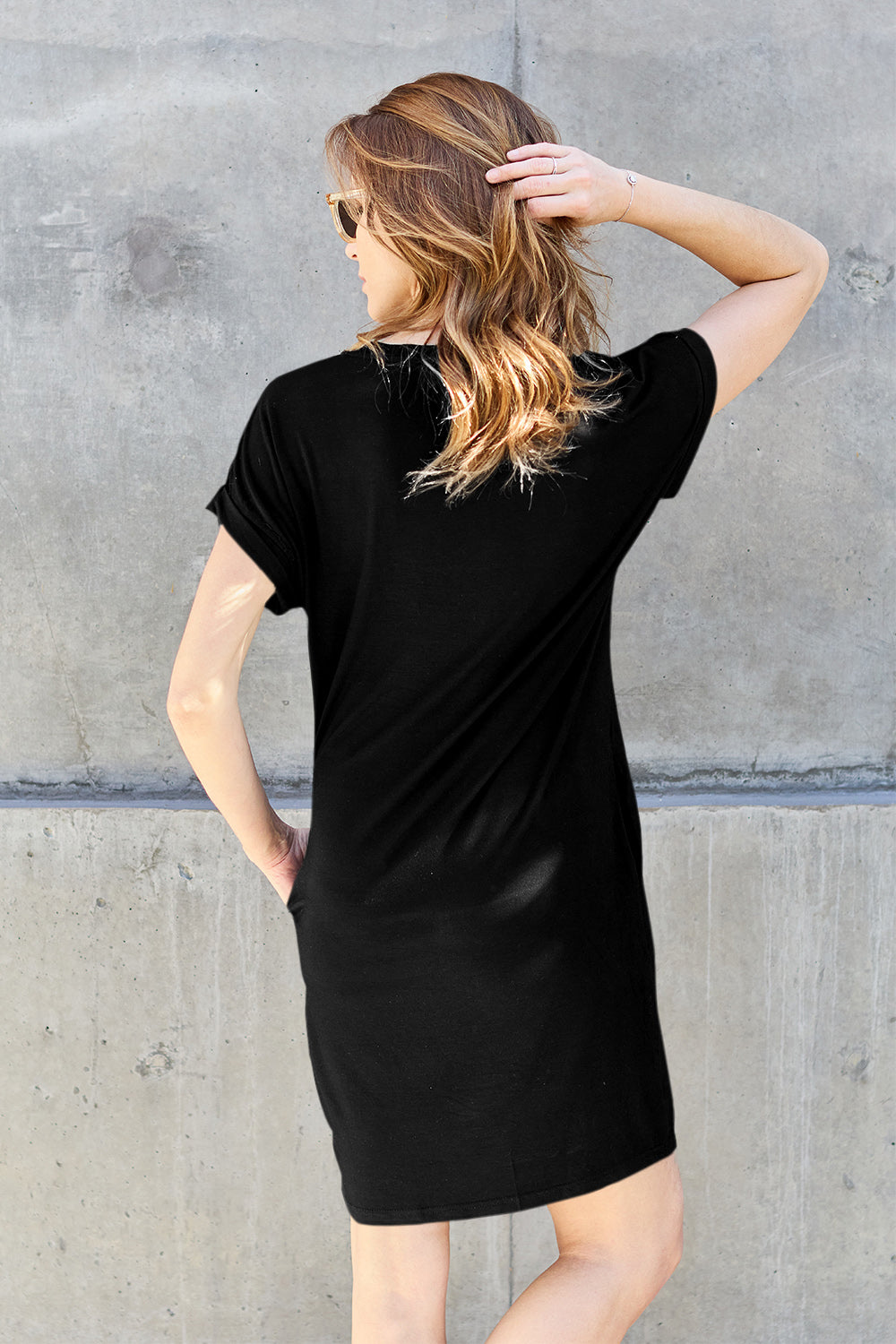 Basic Bae Bamboo Full Size Round Neck Short Sleeve Dress with Pockets from Enfance-Heureuse