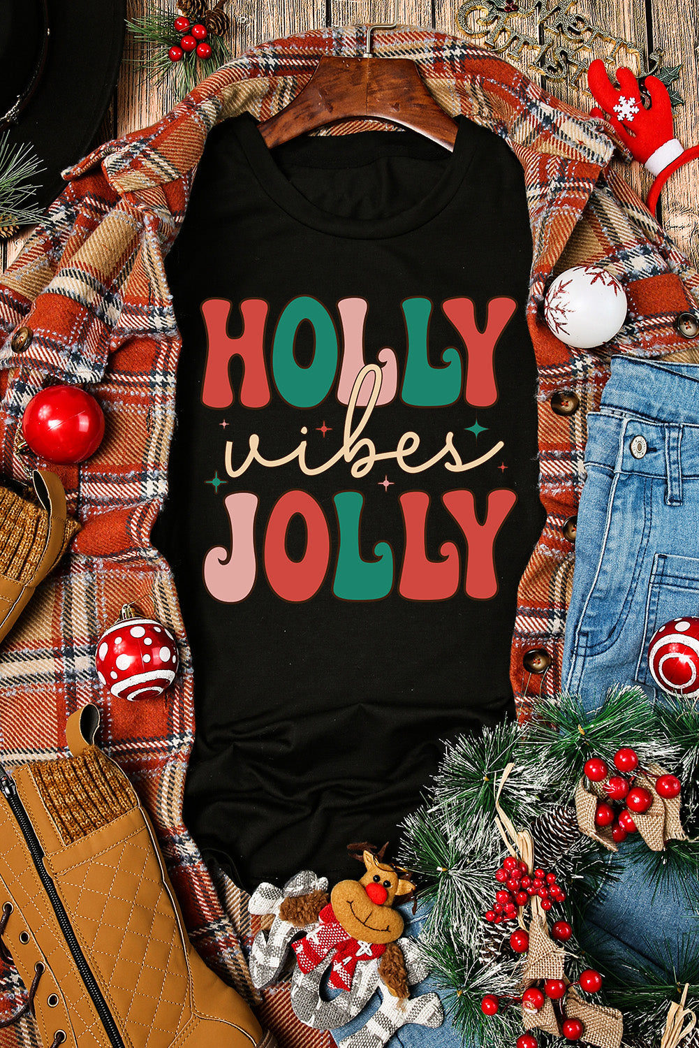 Black HOLLY JOLLY Vibes Christmas Crew Neck T Shirt from MsDressly
