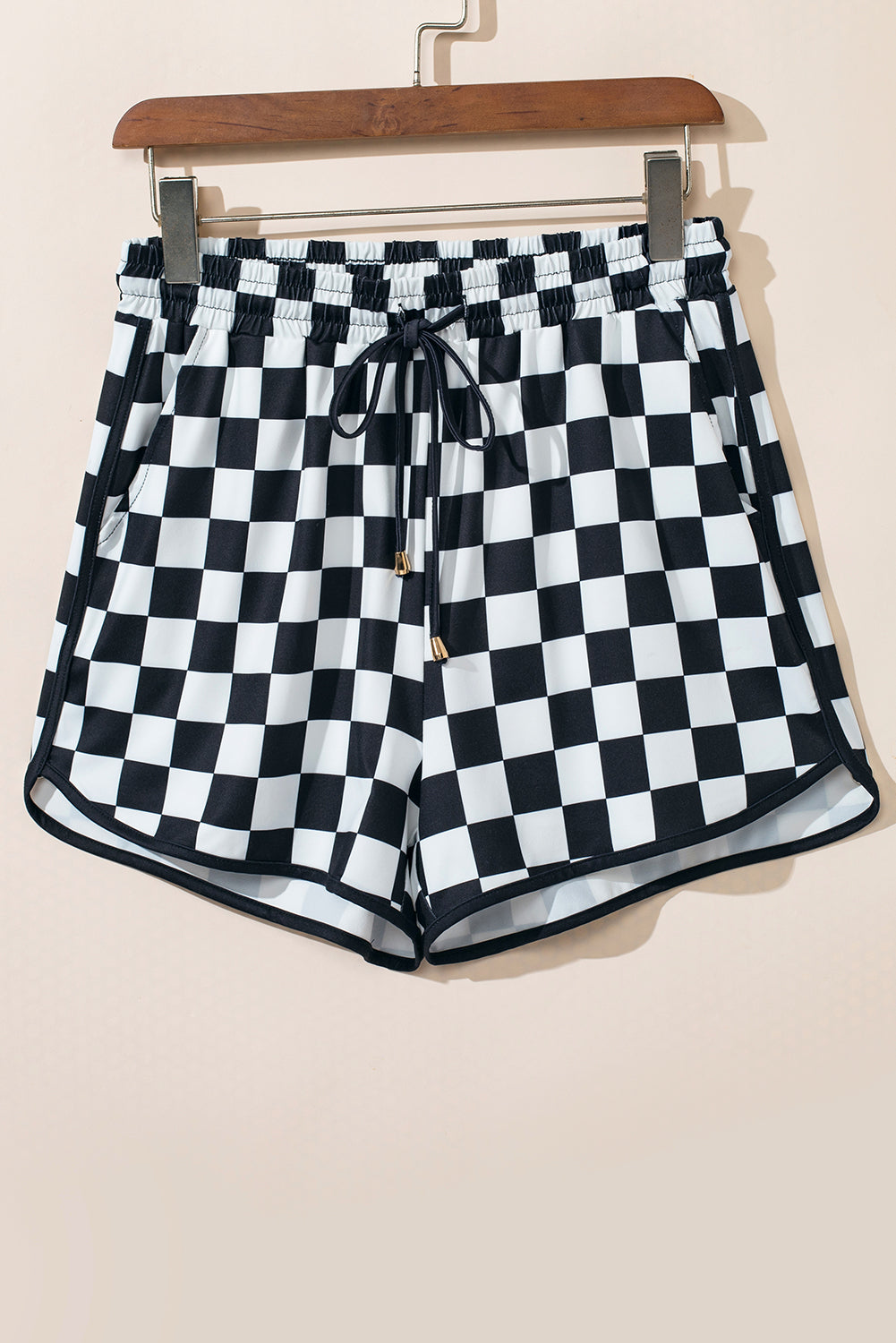 Black Checkered Drawstring Elastic Waist Casual Shorts from MsDressly
