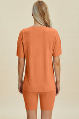 Basic Bae Full Size Ribbed V-Neck Short Sleeve Top and Shorts Set from Enfance-Heureuse
