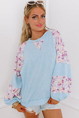 Beau Blue Textured Floral Patchwork Balloon Sleeve Blouse from MsDressly