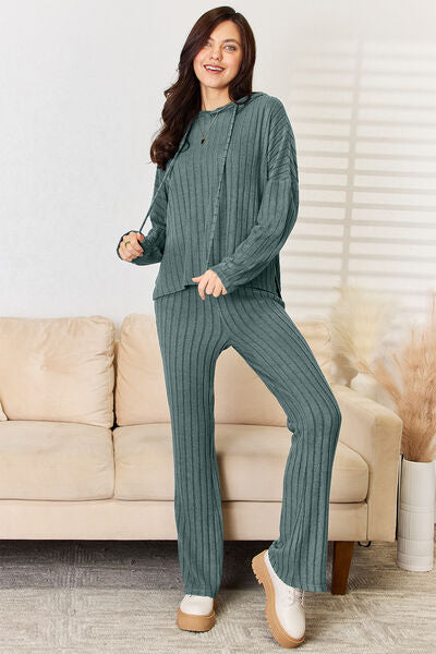 Basic Bae Full Size Ribbed Drawstring Hooded Top and Straight Pants Set from Enfance-Heureuse