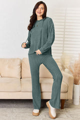 Basic Bae Full Size Ribbed Drawstring Hooded Top and Straight Pants Set from Enfance-Heureuse