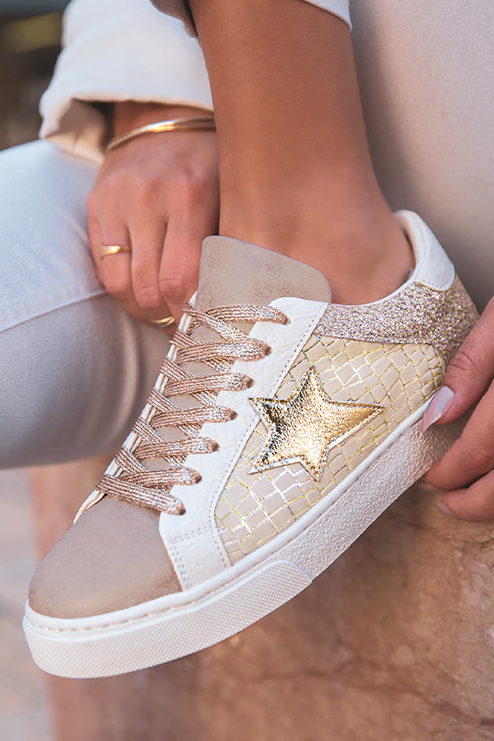 Clare Gold Glitter Star Lace-up Sneakers from Threaded Pear