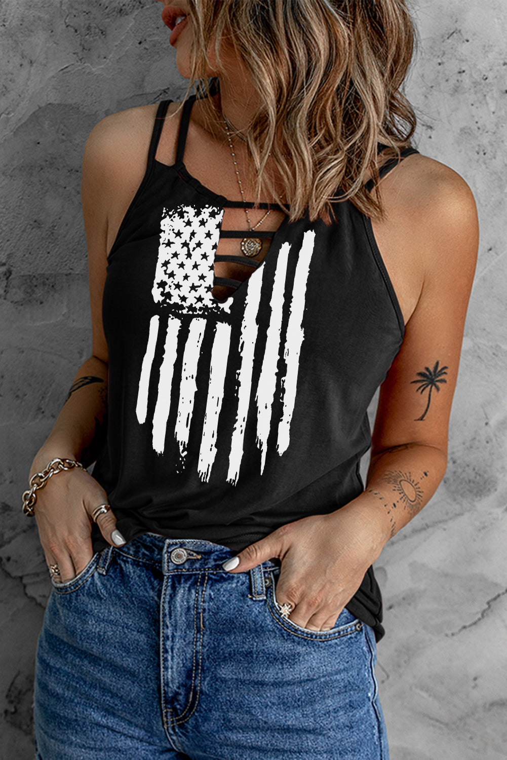 Black American Flag Print Cut Out Spaghetti Strap Tank Top From MsDressly