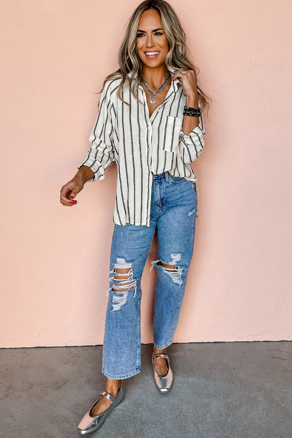 Black Stripe Chest Pocket Buttoned Oversized Shirt from MsDressly