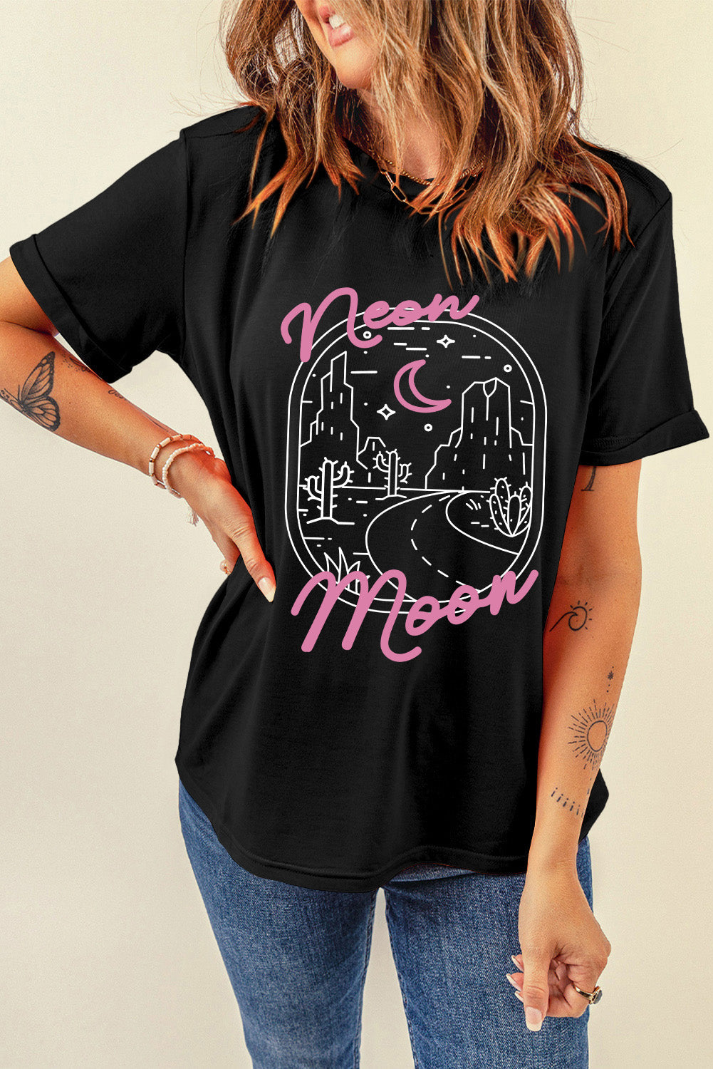 Black neon moon Letter Graphic Short Sleeve Top from MsDressly