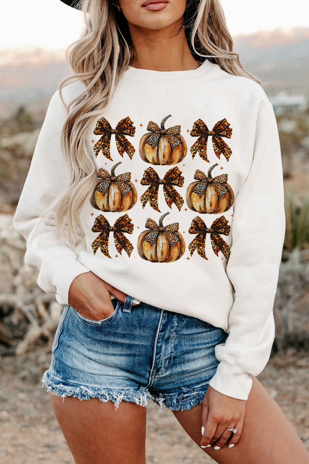 Beige Pumpkin Leopard Bow Knot Print Pullover Sweatshirt from MsDressly