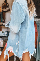 Beau Blue Light Wash Distressed Frayed Long Denim Jacket from MsDressly