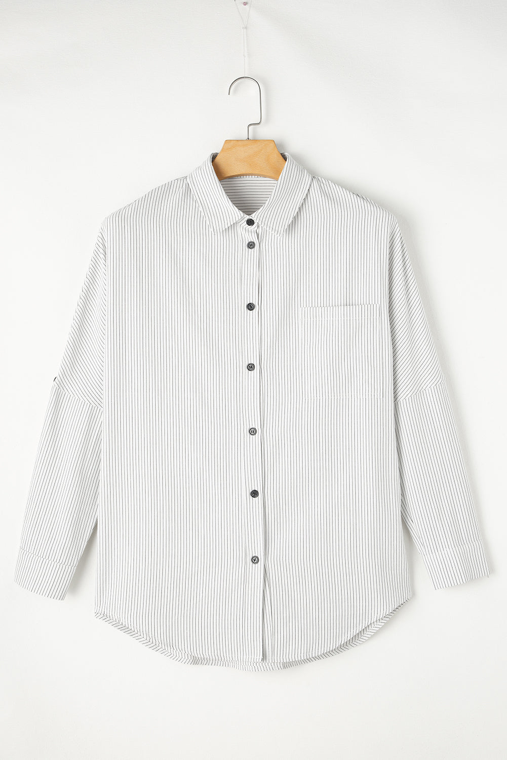 Black Stripe Roll-tab Sleeve Pocketed Long Shirt from MsDressly