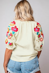Beige Floral Embroidered Ricrac Puff Sleeve Textured Blouse from MsDressly