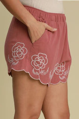 Umgee Full Size Linen Blend Shorts with Floral Embroidered Details Plus Size from Enfance-Heureuse
