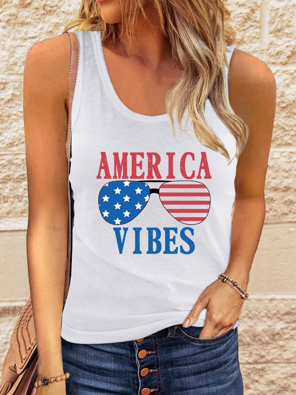 American Flag Print Graphic Sunglasses White Tank Top From MsDressly
