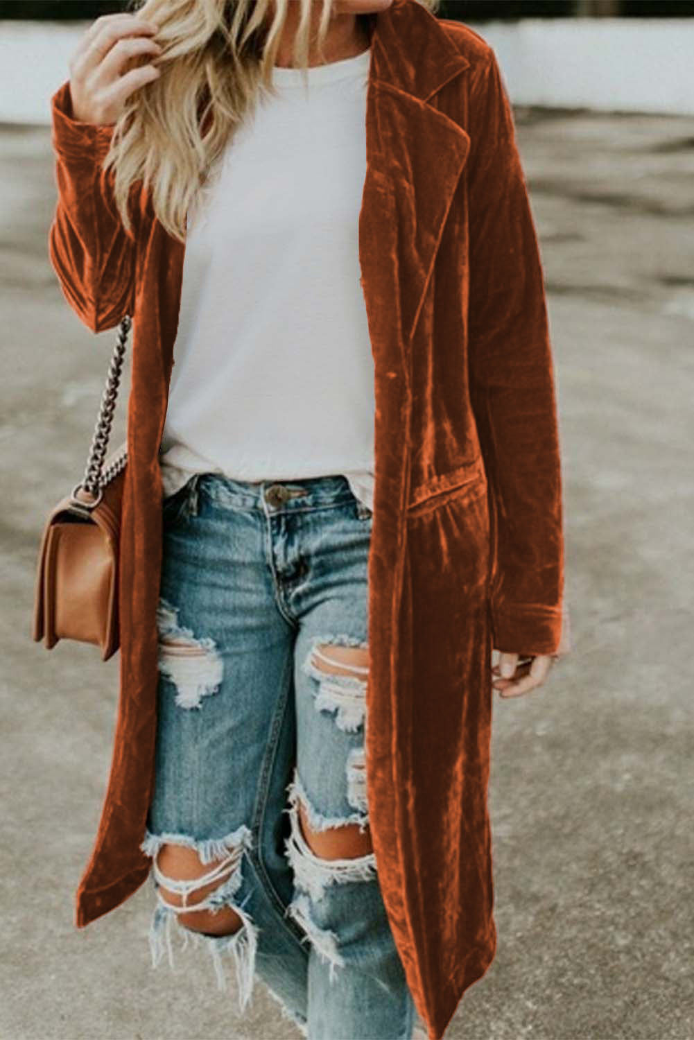 Brown Retro Velvet Long Sleeve Pocket Coat From MsDressly