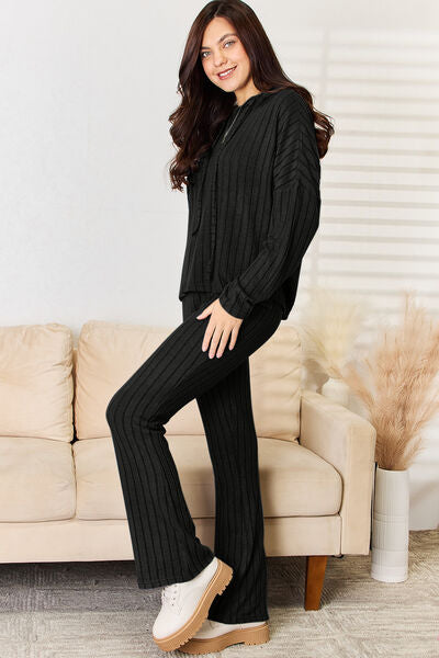 Basic Bae Full Size Ribbed Drawstring Hooded Top and Straight Pants Set from Enfance-Heureuse