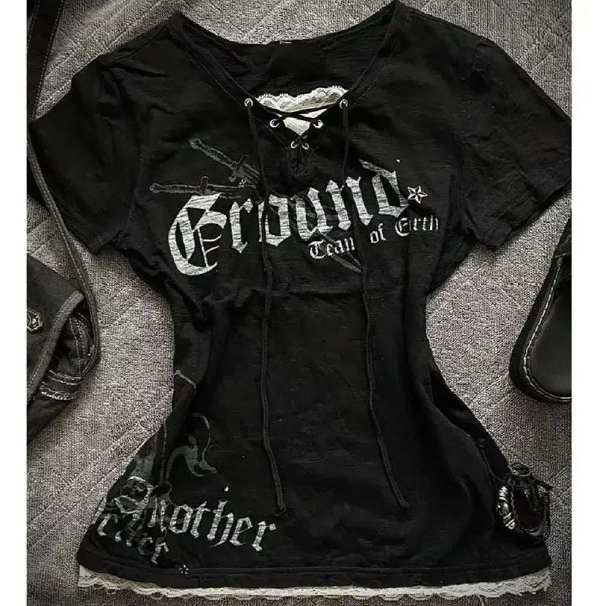 Black Lace-Up Graphic T-Shirt – Fairy Grunge Harajuku Top From Kawaii Stop