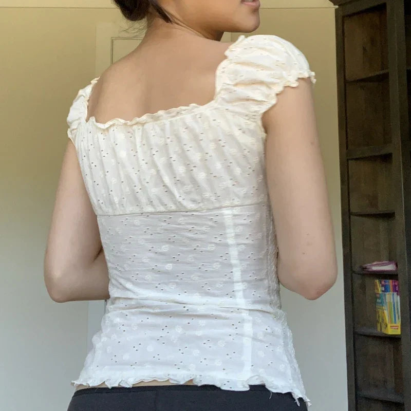 Vintage 90s Button-Up Crop Top – Fairy Grunge Y2K Aesthetic White Frill Tee From Kawaii Stop