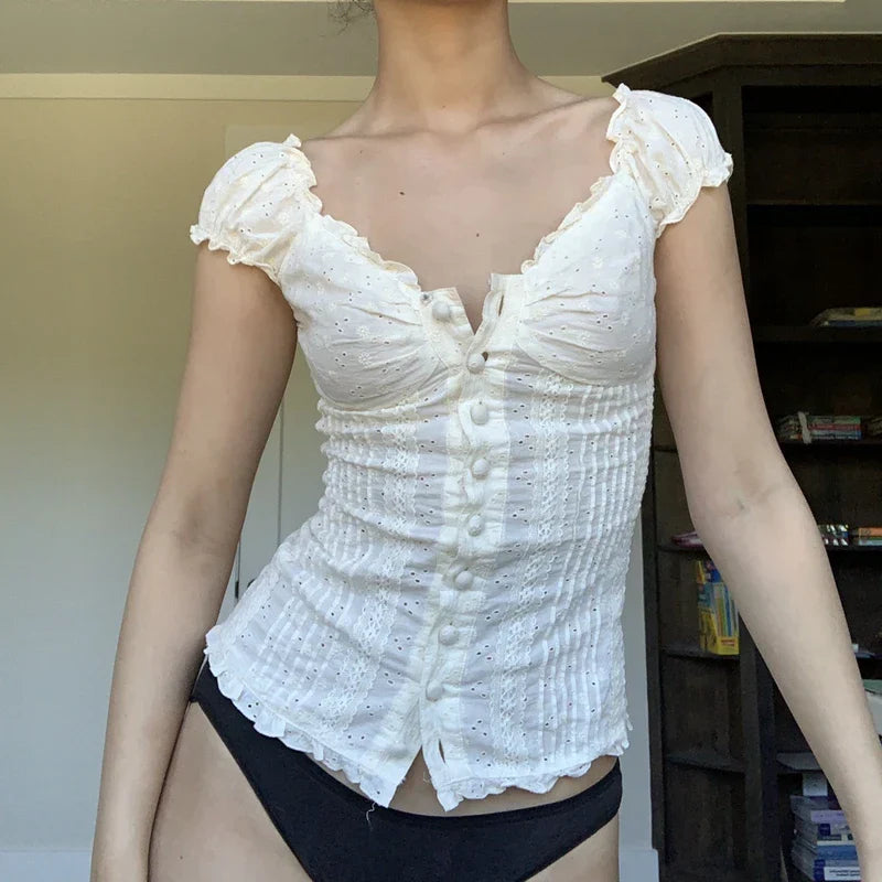 Vintage 90s Button-Up Crop Top – Fairy Grunge Y2K Aesthetic White Frill Tee From Kawaii Stop