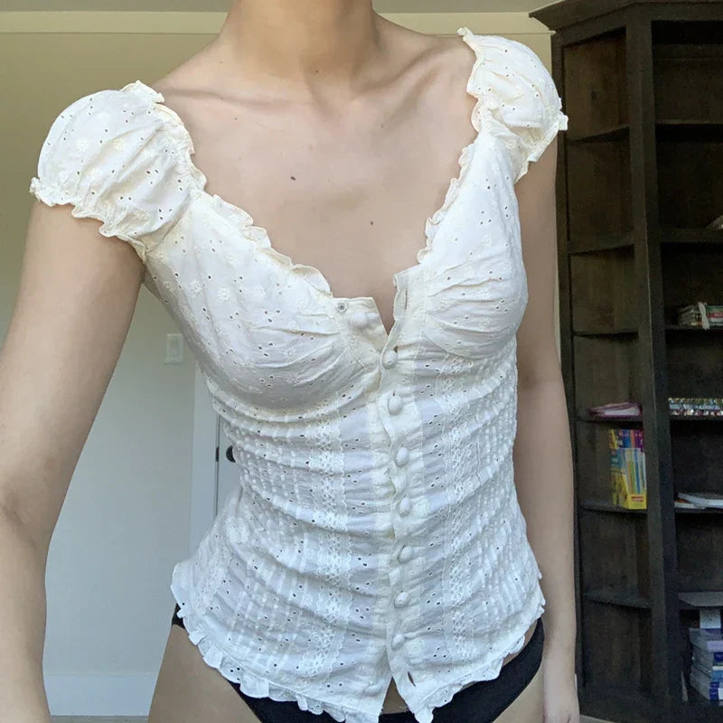 Vintage 90s Button-Up Crop Top – Fairy Grunge Y2K Aesthetic White Frill Tee From Kawaii Stop