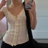 Vintage 90s Button-Up Crop Top – Fairy Grunge Y2K Aesthetic White Frill Tee From Kawaii Stop
