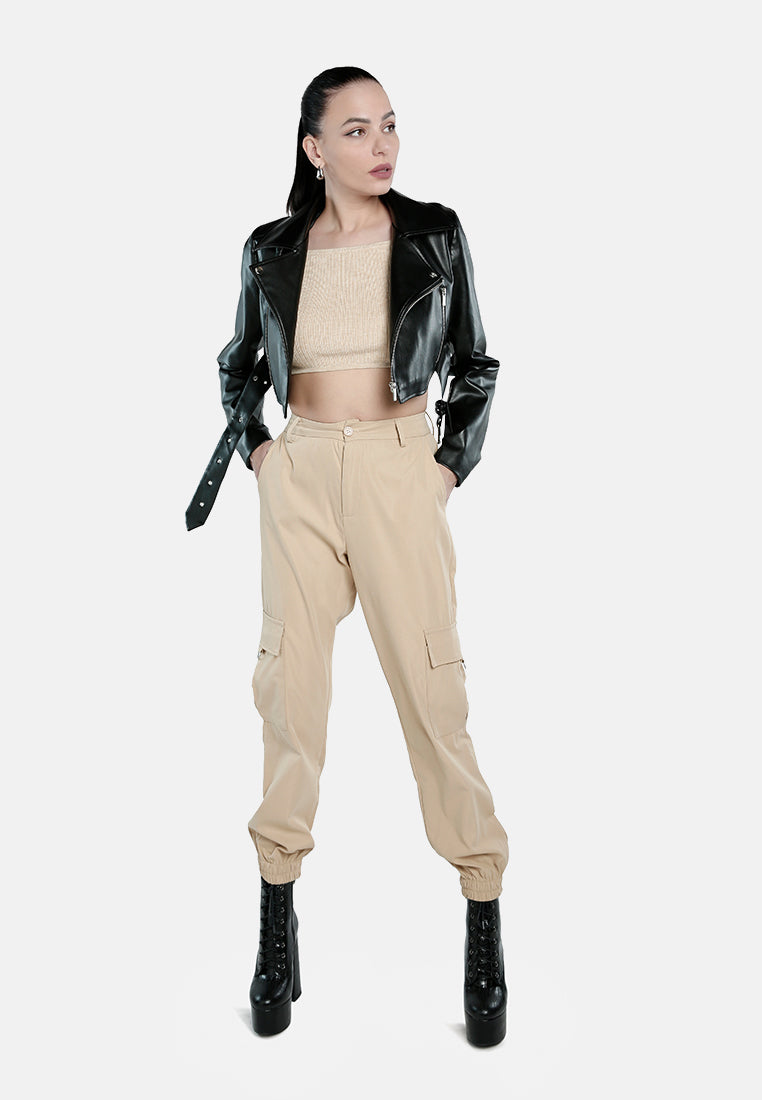 Faux Leather Belted Cropped Jacket from London Rag International