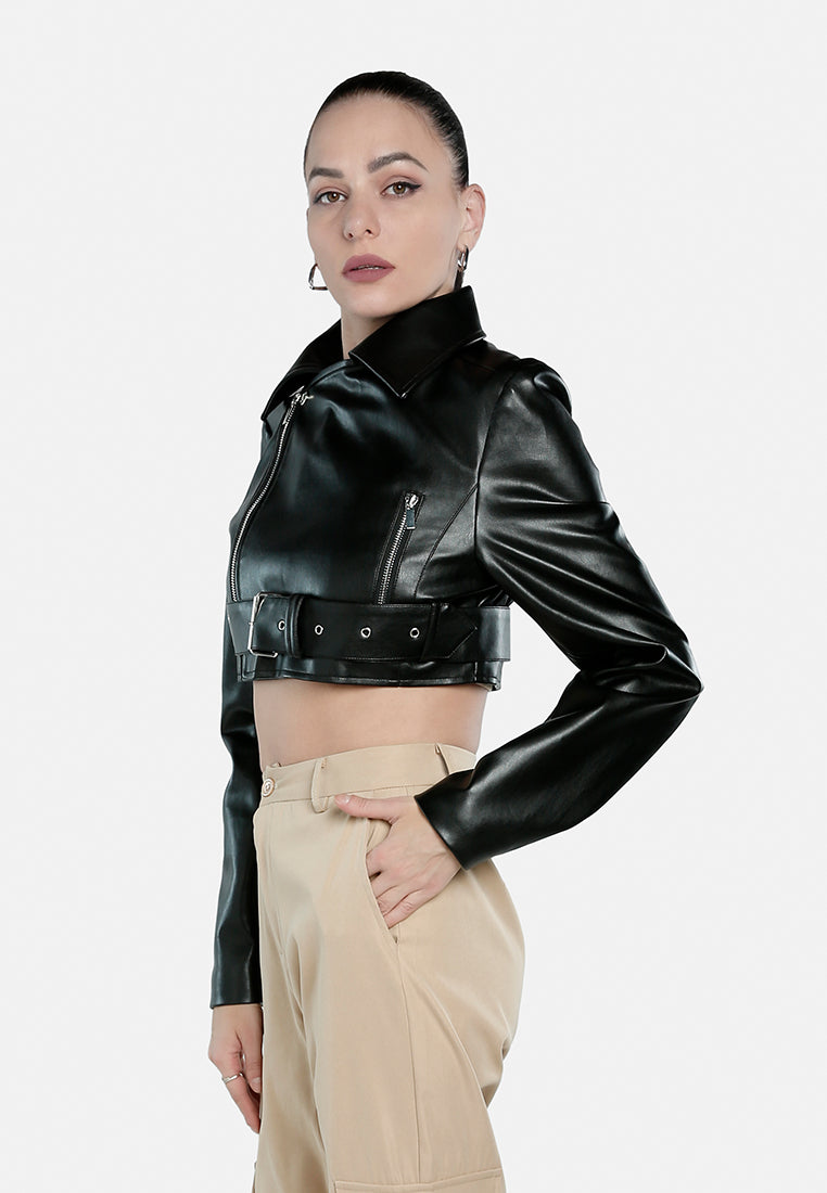 Faux Leather Belted Cropped Jacket from London Rag International