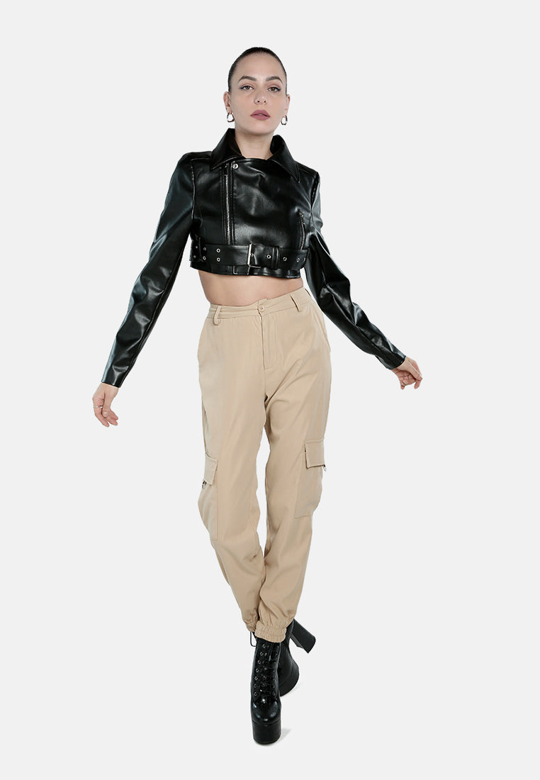 Faux Leather Belted Cropped Jacket from London Rag International