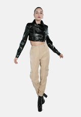 Faux Leather Belted Cropped Jacket from London Rag International