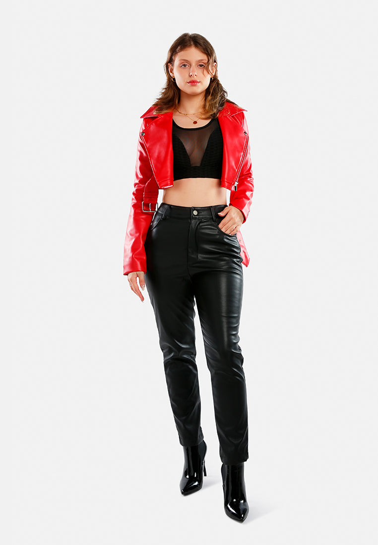 Faux Leather Belted Cropped Jacket from London Rag International