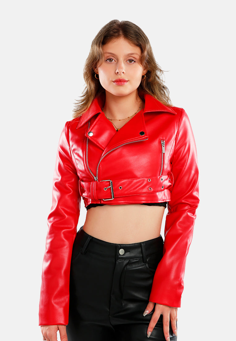 Faux Leather Belted Cropped Jacket from London Rag International