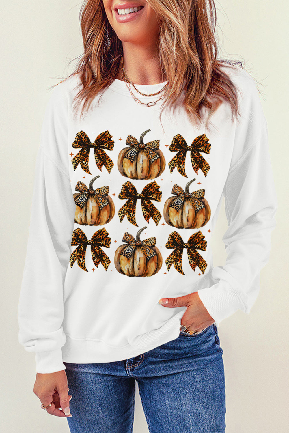 Beige Pumpkin Leopard Bow Knot Print Pullover Sweatshirt from MsDressly