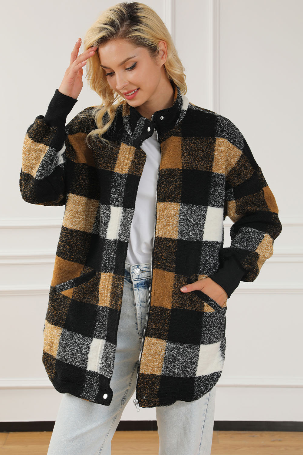 Black Zipper Side Pockets Plaid Overcoat from MsDressly