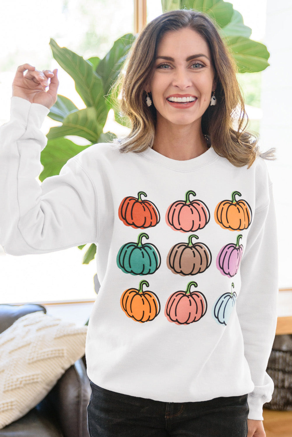 Beige Vibrant Pumpkins Print Crew Neck Halloween Sweatshirt from MsDressly