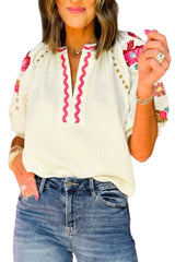 Beige Floral Embroidered Ricrac Puff Sleeve Textured Blouse from MsDressly