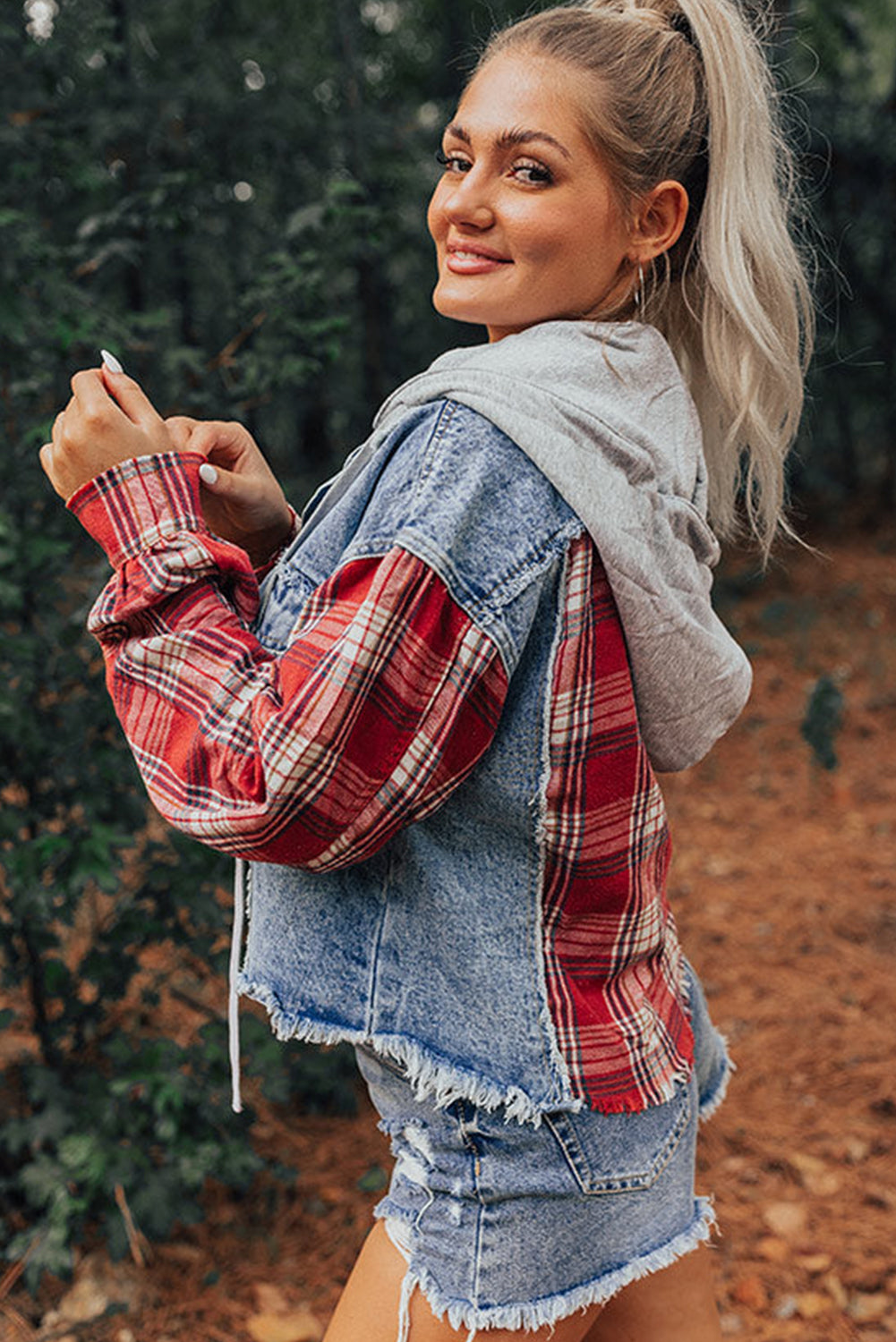 Beau Blue Plaid Print Patchwork Hooded Raw Hem Denim Jacket from MsDressly