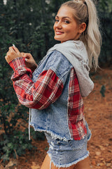 Beau Blue Plaid Print Patchwork Hooded Raw Hem Denim Jacket from MsDressly