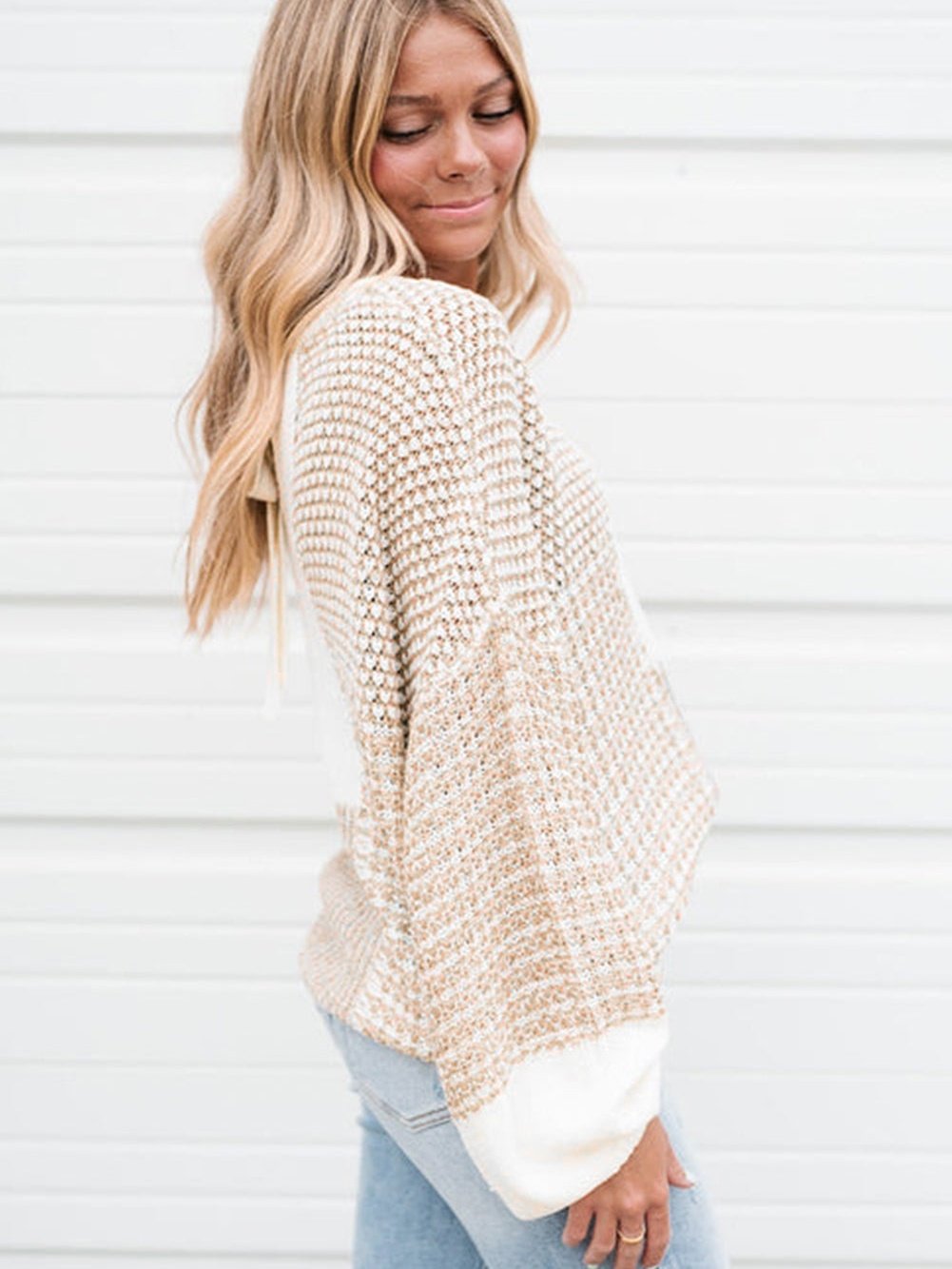 Beige Knit Tie Detail Drop Shoulder Sweater with Mixed Patterns from MsDressly